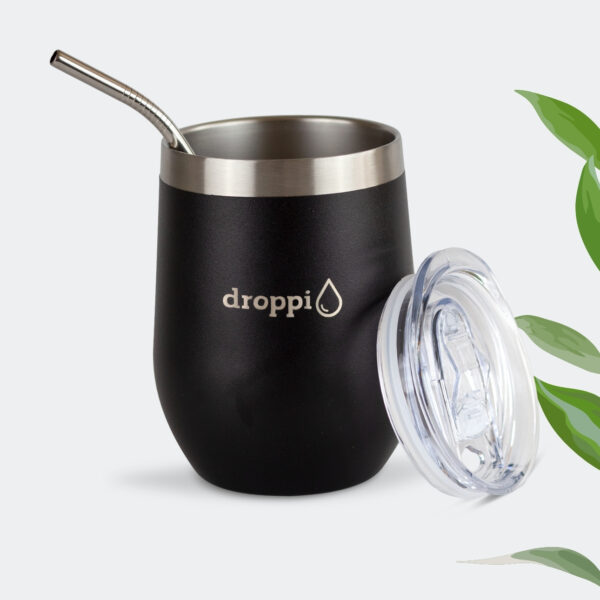 Droppi Flipp Tumbler Fekete, BPA-mentes tetővel és nemesacél szívószállal