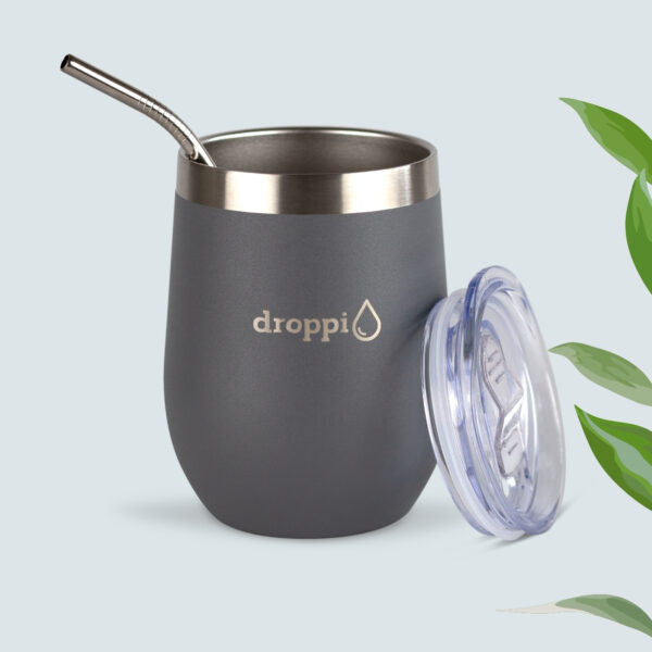 Droppi Flipp Tumbler Szürke, BPA-mentes tetővel és nemesacél szívószállal