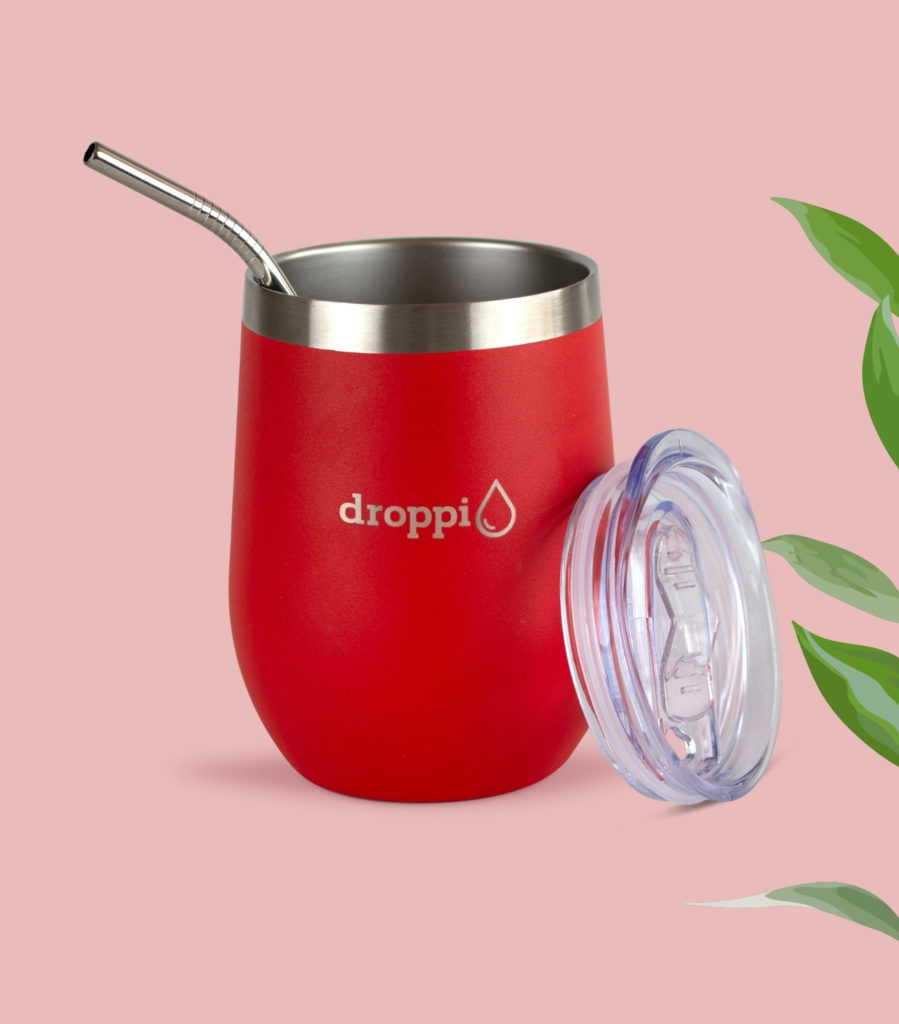 Droppi Flipp Tumbler Tűzpiros, BPA-mentes tetővel és nemesacél szívószállal