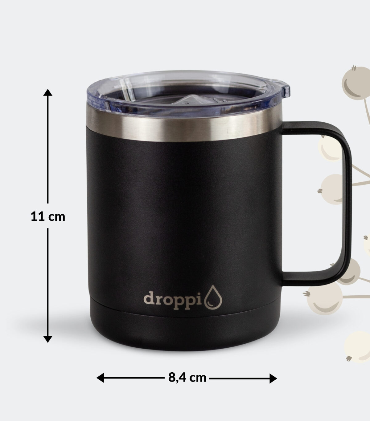 Droppi Lima Termoszbögre Fekete, méretekkel