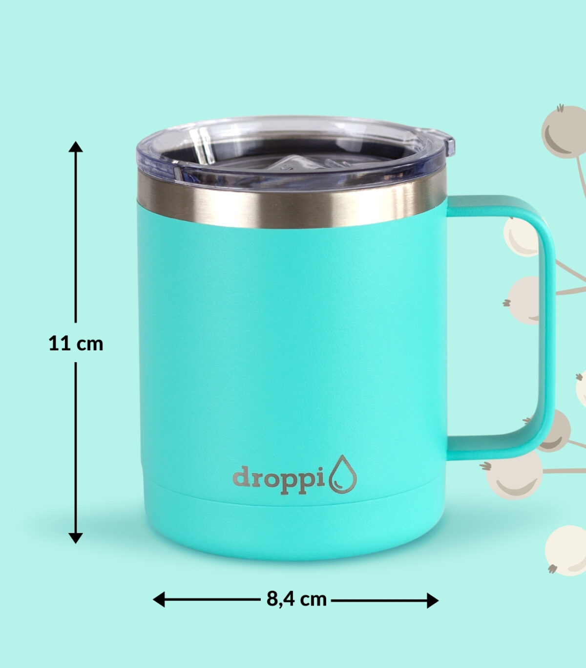 Droppi Lima Termoszbögre Türkiz, méretekkel